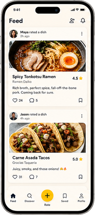 Friends feed showing Spicy Tonkotsu Ramen and Carne Asada Tacos