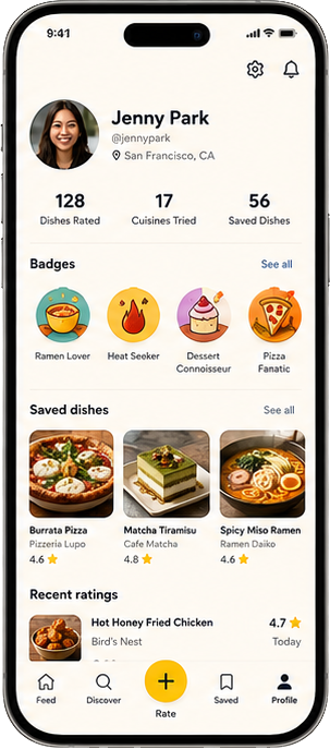 Jenny Park profile with badges and saved dishes