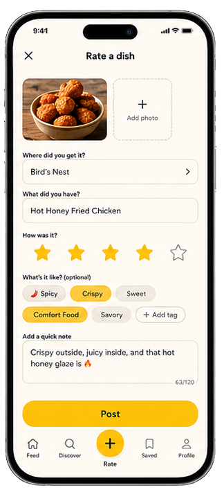 Rate a dish screen showing Hot Honey Fried Chicken
